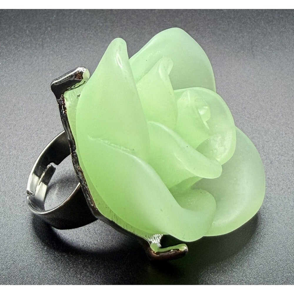 Adjustable Green Jade Rose Ring Silver Flower Statement Cocktail Fashion Jewelry